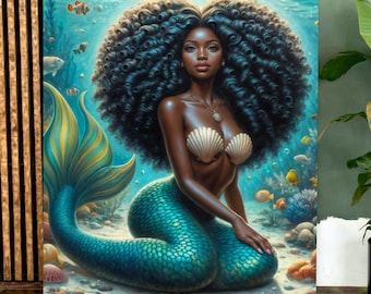 Art numérique sirène noire | Décoration murale afrocentrique sirène | Fantastique océan imprimable | Cheveux bouclés sirène | Affiche téléchargeable
