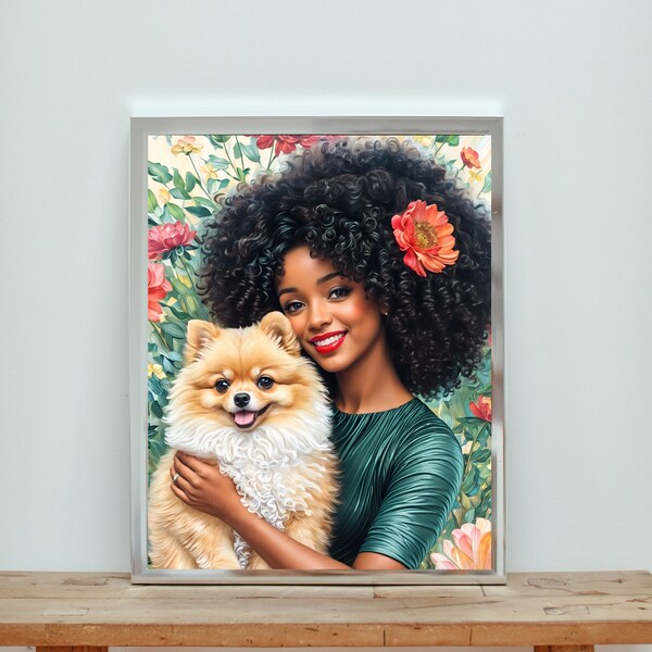 Beautiful Black Woman, Pomeranian Painting, Pom Mom, Dog Mama, Pet Owner Portrait, Canine Design, African American, Floral, Downloadable Art