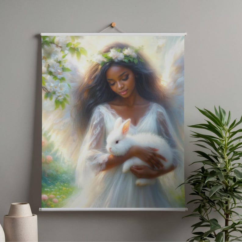 Angel Holding Rabbit Black Angel Holding Bunny Art Printable, Easter Springtime Artwork ...