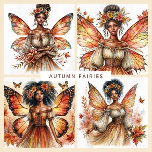 Autumn Black Girl Fairy, Dark Brown Skin Faeries, Fairycore Decor, Fae Folk, Mythical Creatures, Fantasy Woman Watercolor Art, Downloadable