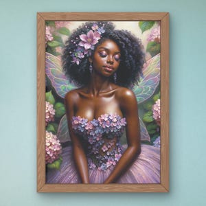 Black Fairy Art With Hydrangea Flowers | Printable Pixie Portrait | Curly Haired Afro Fae Folk