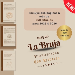 May include: A brown and gold planner with the text "La Bruja 2025-26 PLANIFICADOR CON RITUALES" and a graphic of a crescent moon. The planner includes 245 pages and over 250 rituals for 2025 and 2026.