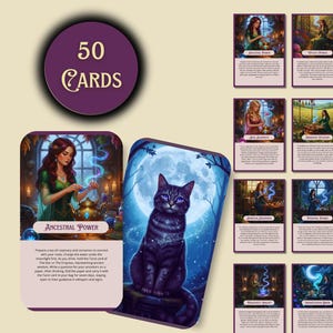 May include: A deck of 50 cards with fantasy art. The cards feature illustrations of women, cats, and mystical scenes. The deck includes a card with the text "Ancestral Power" and a purple circle with the text "50 Cards".
