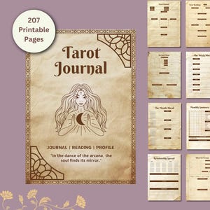 Könnte beinhalten: Ein druckbares Tarot-Tagebuch mit 207 Seiten. Das Cover zeigt eine Illustration im Vintage-Stil einer Frau, die eine Mondsichel hält. Der Text "Tarot Journal" ist in einer dekorativen Schrift geschrieben. Der Text "JOURNAL | READING | PROFILE" ist unter der Illustration geschrieben. Der Text "In the dance of the arcana, the soul finds its mirror." ist unter dem Text "JOURNAL | READING | PROFILE" geschrieben.