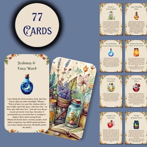 Baraja imprimible de brujería: 77 hechizos con frascos de hierbas + guía mágica gratuita • Baraja de cartas para brujería, wicca y magia • Bos Magic