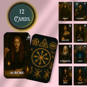 Op de afbeelding: Een set van 12 tarotkaarten met portretten van verschillende figuren. De kaarten hebben een donkere esthetiek met gouden accenten en symbolen. De kaart met de titel "Aurore" staat centraal, met een vrouw die een pendel vasthoudt. De achterkant van de kaart heeft een gouden ontwerp.