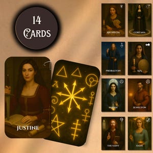 Könnte beinhalten: Ein Set von 14 Tarotkarten mit Porträts verschiedener Figuren. Die Karten haben eine dunkle, mystische Ästhetik mit goldenen Akzenten und Symbolen. Eine Karte ist mit "Justine" beschriftet, während eine andere ein leuchtendes Design zeigt. Ein Kreis zeigt "14 Karten."