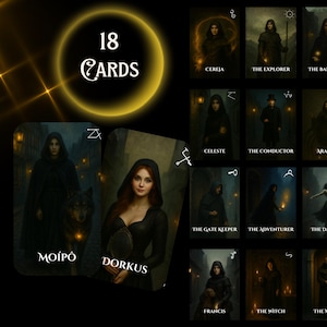 Pode incluir: Um conjunto de 18 cartas com tema de fantasia com ilustrações de figuras em capas e capuzes escuros. As cartas apresentam nomes como "Cereja", "The Explorer" e "The Witch". O texto "18 CARDS" é exibido em um círculo dourado.