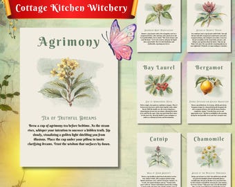 May include: A collection of botanical illustrations on cards, featuring herbs like Angelica, Anise, and Basil. The cards are arranged on a light background, with a banner reading "Cottage Kitchen Witchery" and a butterfly. The Agrimony card includes text.
