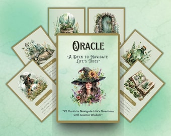 May include: A deck of 72 oracle cards with a watercolor illustration of a witch with a floral crown and a green and gold background. The text on the box reads "Oracle: A Deck to Navigate Life's Tides" and "72 Cards to Navigate Life's Questions with Cosmic Wisdom".