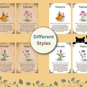 Op de afbeelding: Acht printbare kaarten met illustraties van kruiden en hun namen: Kurkuma, Valeriaan, Verbena, Violet. Elke kaart bevat een beschrijving van de eigenschappen en toepassingen van het kruid. De kaarten zijn op een beige achtergrond met een decoratieve rand.