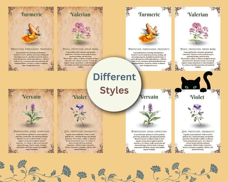 Op de afbeelding: Acht printbare kaarten met illustraties van kruiden en hun namen: Kurkuma, Valeriaan, Verbena, Violet. Elke kaart bevat een beschrijving van de eigenschappen en toepassingen van het kruid. De kaarten zijn op een beige achtergrond met een decoratieve rand.