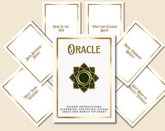 May include: A set of oracle cards with gold trim and white backgrounds. The cards feature various phrases such as "Seek External Advice", "Trust Your Intuition", "Now Is The Time", "Wait For Clearer Signs", "Move Forward Boldly", "Step Back To Protect Yourself". The center card features a green and gold mandala with the word "ORACLE" in gold lettering.