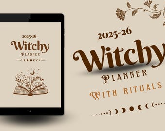Könnte beinhalten: Ein digitaler Planer-Umschlag mit braunem Hintergrund und floralen Akzenten. Der Text "2025-26 Witchy Planner with Rituals" ist in brauner Schrift dargestellt. Eine Illustration eines geöffneten Buches mit einem Halbmond und Sternen darüber ist zu sehen.