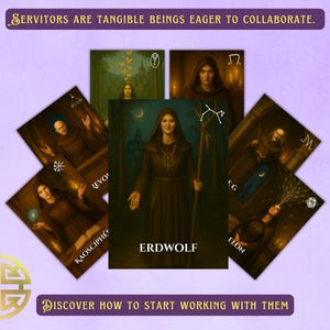 Puede incluir: Un conjunto de cartas de tarot con ilustraciones de figuras con túnicas y símbolos. La carta central muestra la palabra "ERDWOLF". La imagen incluye el texto "SERVITORS ARE TANGIBLE BEINGS EAGER TO COLLABORATE" y "DISCOVER HOW TO START WORKING WITH THEM."