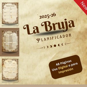 Puede incluir: Un planificador digital con estética vintage, con el texto "La Bruja PLANIFICADOR 2025-26" y "48 Páginas Uso Digital o para Impresión". El planificador tiene un esquema de color marrón y blanco con un borde decorativo.