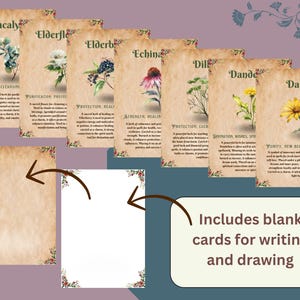 Op de afbeelding: Set bedrukbare kaarten met illustraties van verschillende kruiden en bloemen met hun bijbehorende namen en toepassingen. De kaarten hebben een vintage esthetiek met een perkament achtergrond en bloemmotieven. De tekst bevat woorden als "genezing", "bescherming" en "sterkte". De set bevat ook blanco kaarten om op te schrijven en te tekenen.