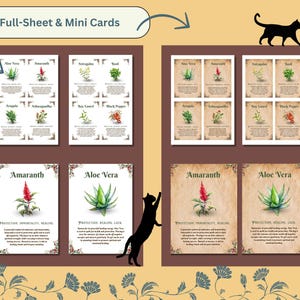 Op de afbeelding: Printbare kaarten met illustraties van verschillende kruiden en hun bijbehorende eigenschappen. De kaarten zijn gerangschikt in een raster op een bruine achtergrond met een zwart katten silhouet in de hoek. De tekst op de kaarten bevat de namen van de kruiden, zoals "Aloe Vera" en "Amarant", en hun bijbehorende eigenschappen, zoals "Bescherming, Genezing, Geluk".