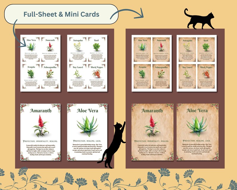 Op de afbeelding: Printbare kaarten met illustraties van verschillende kruiden en hun bijbehorende eigenschappen. De kaarten zijn gerangschikt in een raster op een bruine achtergrond met een zwart katten silhouet in de hoek. De tekst op de kaarten bevat de namen van de kruiden, zoals "Aloe Vera" en "Amarant", en hun bijbehorende eigenschappen, zoals "Bescherming, Genezing, Geluk".