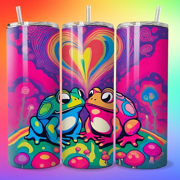 Retro Frogs In Love Colorful Rainbow Mushroom Tumbler Design, 20oz Skinny Tumbler Wrap, Tumbler Template - PNG Digital Download