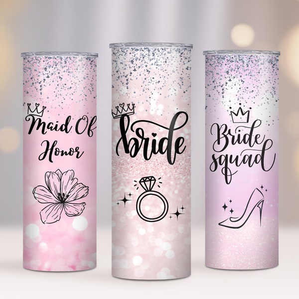 Bridal Party Tumbler Designs, Set of 3, 20oz Skinny Tumbler Wrap, Glitter Tumbler Template - PNG Digital Download