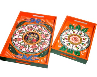 Handpainted Dashavataar Pattachitra Orange -Multicolor MDF Trays