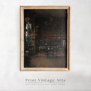 Vintage Bibliothek Kunstdruck, antike stimmungsvolle druckbare Wandkunst, dunkle Academia Dekor, viktorianische Malerei digitaler Download