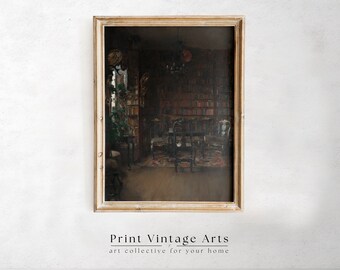 Vintage Library Art Print, Antique Moody Printable Wall Art, Dark Academia Decor, Victorian Painting Digital Download