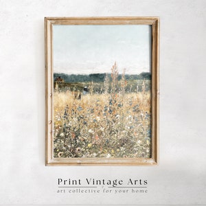 Printable Wildflower Country Field Oil Painting, Vintage Farm House, Printable Art Digital Download, Spring Meadow Portrait