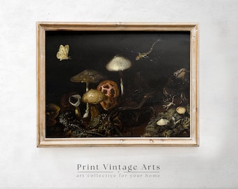 Dark Forest Mushrooms Print, Vintage Moody Cottagecore Botanical Wildlife, Printable Wall Art Digital Download, Dark Academia Aesthetic