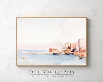Afdrukbare gedempte kust schilderij, vintage neutrale Wall Art, Wall Art digitale download, neutrale kleuren olieverfschilderij