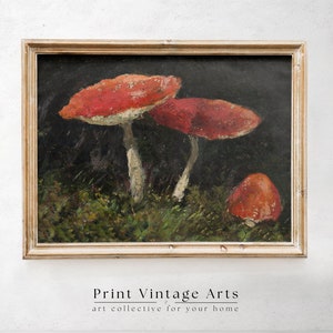 Printable Vintage Woodland Mushroom Painting, Dark and Moody Decor, Vintage Moody Cottagecore Botanical Wildlife, Dark Academia Aesthetic