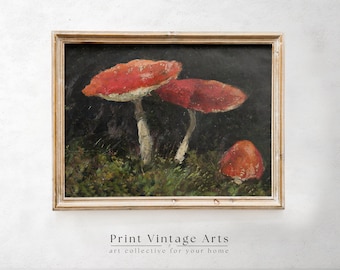 Printable Vintage Woodland Mushroom Painting, Dark and Moody Decor, Vintage Moody Cottagecore Botanical Wildlife, Dark Academia Aesthetic