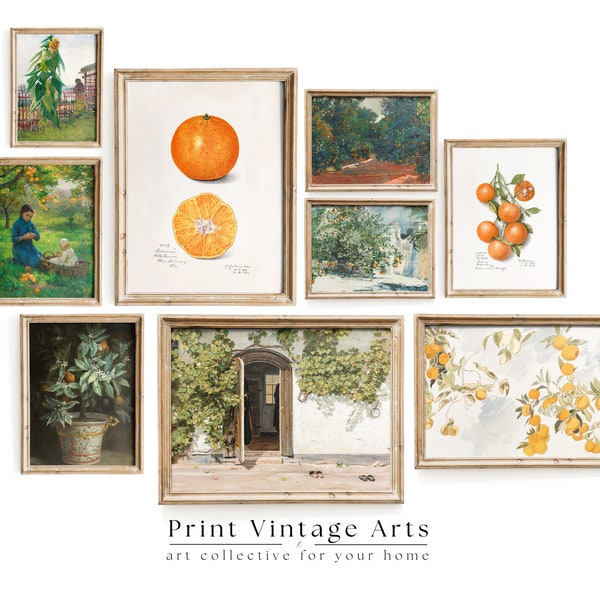 Vintage Sommer Galerie Wand Ölgemälde, 9er Set Sommer Wand Kunst digitaler Download, Bauernhaus Dekor, Zitrus Drucke, Orange Gemälde