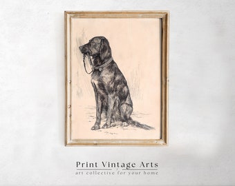 Vintage Dog Painting, Black Labrador Art Print, Antique Animal Portrait, Dog Sketch, Farmhouse Painting, Printable Art