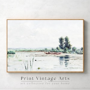 Printable Muted Vintage Lake Painting, Vintage Neutral Wall Art, Wall Art Digital Download, Neutral Colors Landscape Oil Painting