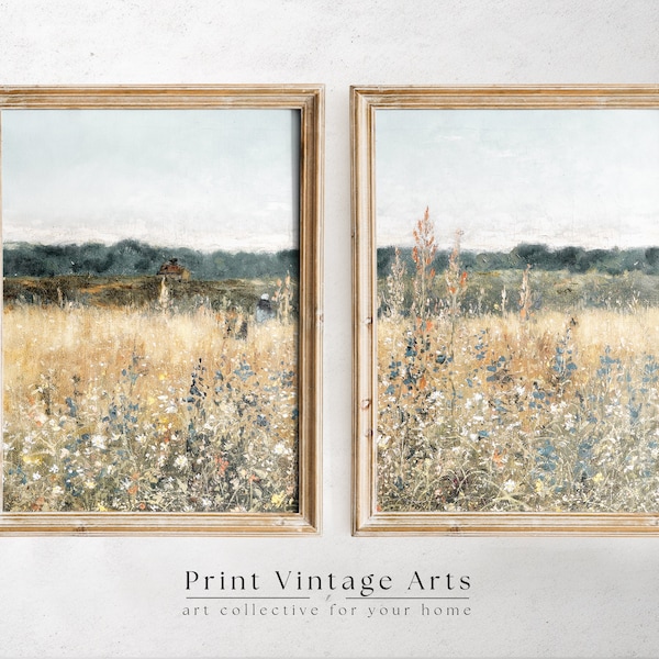 Printable Wildflower Country Field Oil Paintings, Vintage Farm House, Printable Art Digital Download, Set of Two, Spring Meadow Portraits