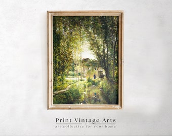 Afdrukbare lente land olieverfschilderij, vintage stream landschap print, lente Wall Art digitale download, Cottage Art Print
