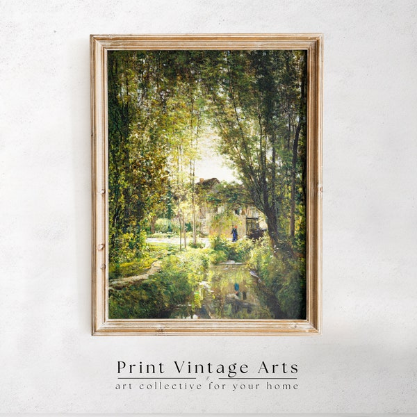 Printable Spring Country Oil Painting, Vintage Stream Landscape Print,  Spring Wall Art Digital Download, Cottage Art Print