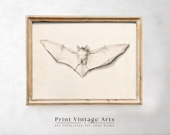 Vintage Bat Printable Wall Art, Antique Halloween Painting, Moody Bat Art Print, Spooky Wall Decor, Dark Art Witchy Decor, Dark Academia