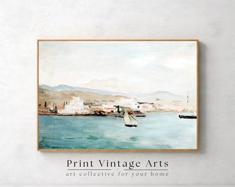 Afdrukbare gedempte kust boten schilderij, vintage neutrale Wall Art, Wall Art digitale download, neutrale kleuren olieverfschilderij