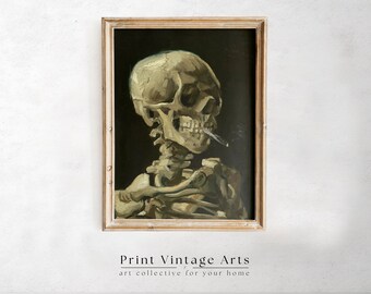 Van Gogh Painting Printable Art, Skull of a Skeleton with Burning Cigarette, Moody Dark Academia Print, Dark Wall Art, Gothic Art Print