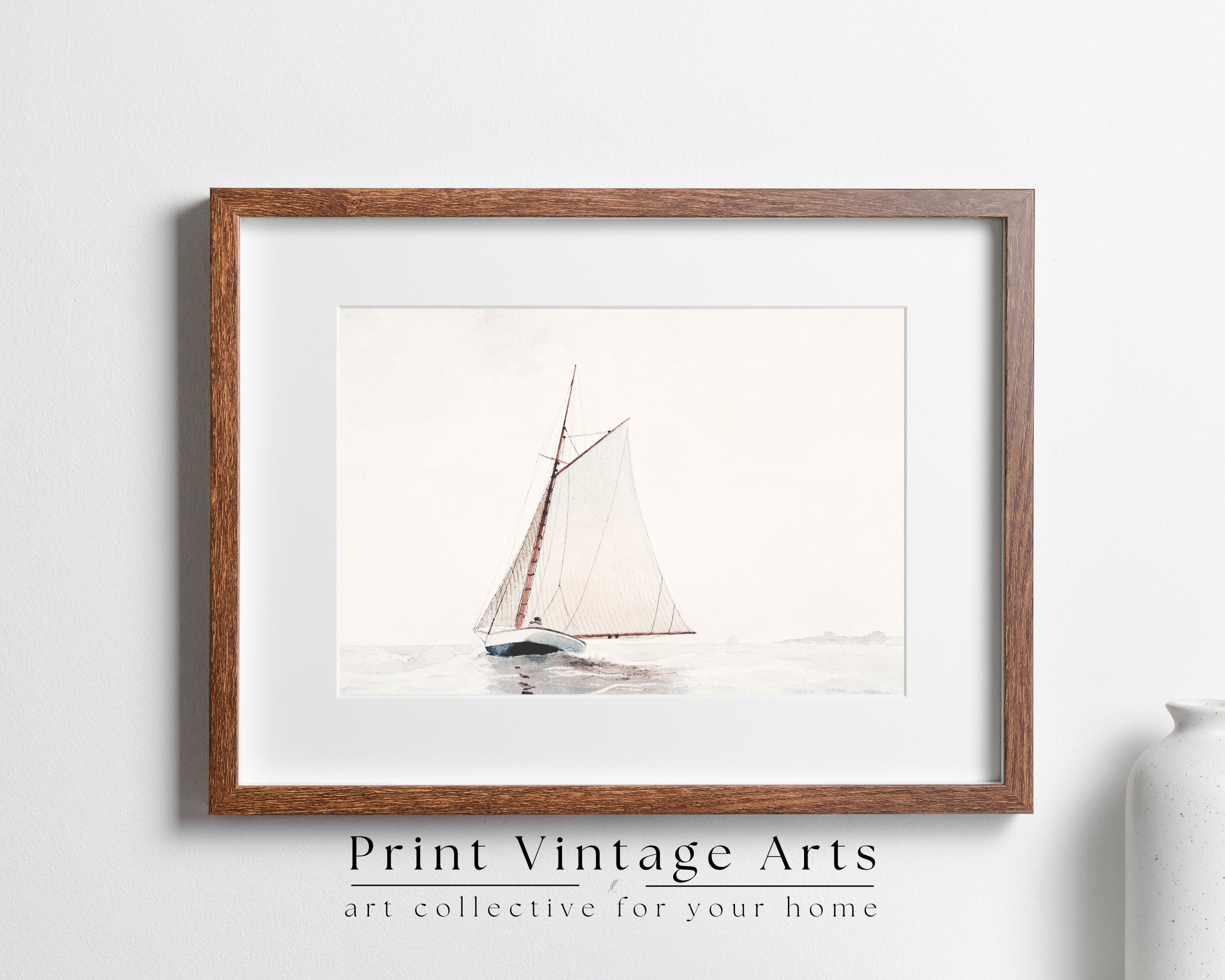 Printable Muted Sailboat Painting, Vintage Seascape Neutral Wall Art ...