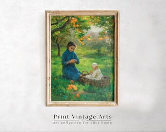 Printable Under the Orange Tree Painting, Vintage Spring Garden Wall Art, Spring Wall Art Digital Download, Orange Tree Kitchen Art Print