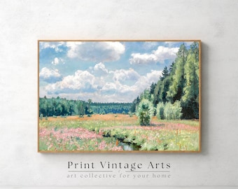 Printable Spring Landscape Painting, Vintage Spring Meadow Wall Art, Spring Wall Art Digital Download, Spring Wildflower Field Oil Painting