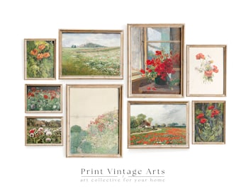 Vintage Spring Summer Gallery Pintura al óleo, Juego de 9, Poppy Prints Wall Art Digital Download, Poppies Farmhouse Decor, Flower Field Prints