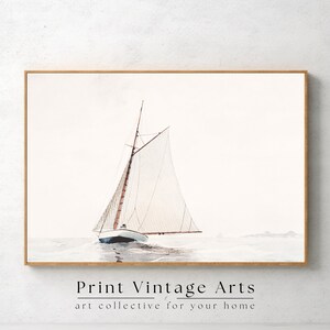 Printable Muted Sailboat Painting, Vintage Seascape Neutral Wall Art, Wall Art Digital Download, Neutral Colors Oil Painting