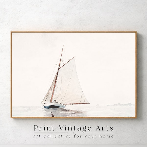 Printable Muted Sailboat Painting, Vintage Seascape Neutral Wall Art, Wall Art Digital Download, Neutral Colors Oil Painting