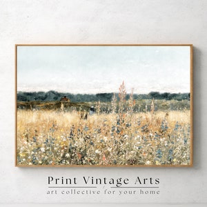 Printable Wildflower Field Landscape Oil Painting, Vintage Farm House, Printable Art Digital Download, Country Field Landscape Oil Painting