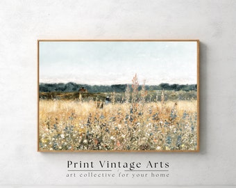 Printable Wildflower Field Landscape Oil Painting, Vintage Farm House, Printable Art Digital Download, Country Field Landscape Oil Painting